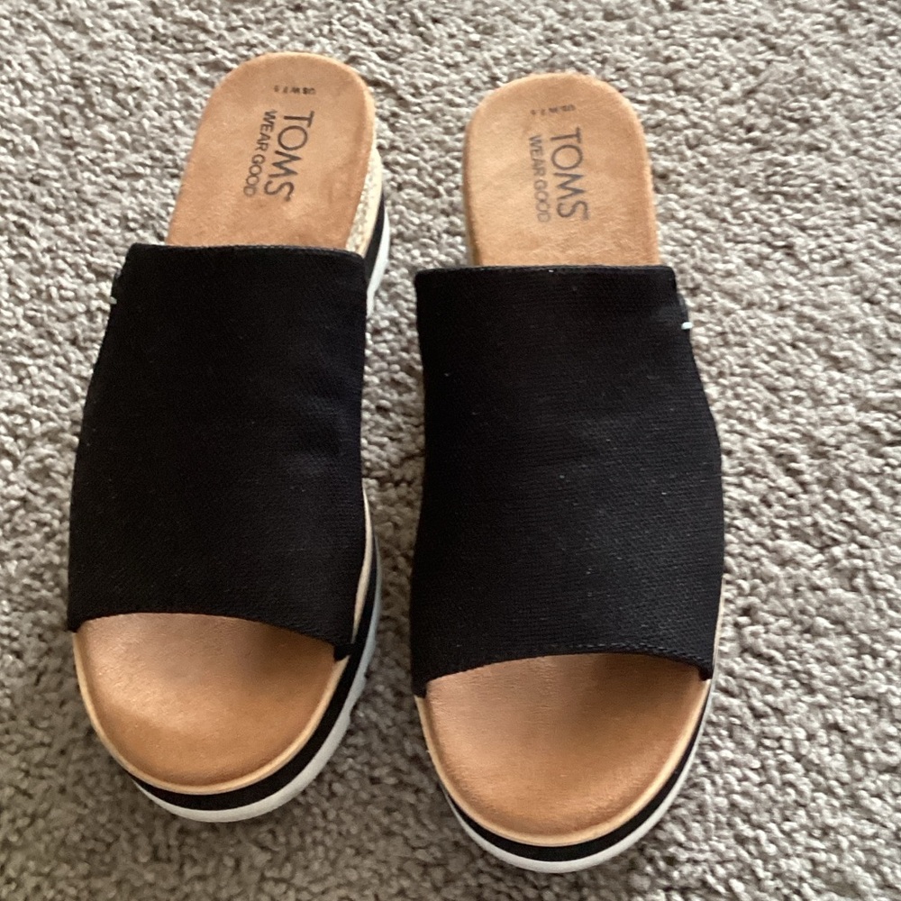 TOMS Black Canvas Slide Mules with Tan Footbed